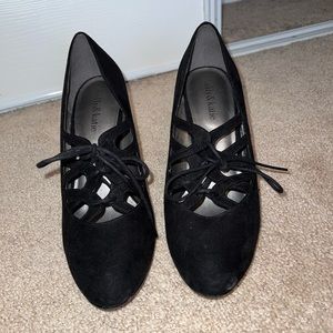 Black, lace up high heels.